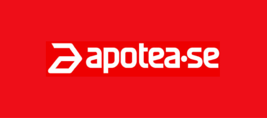 En bild av onlineapoteket Apoteas logga. Röd och vit.