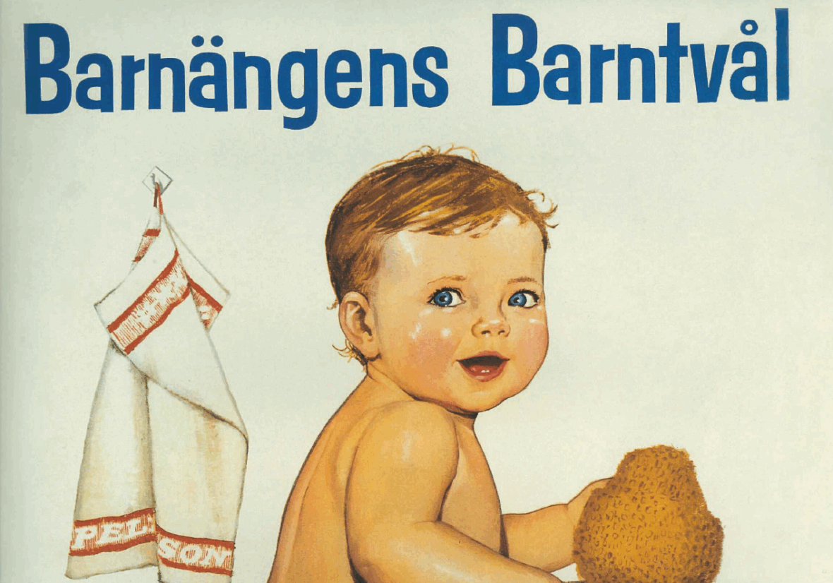 En bild på en gammal reklamposter föreställande Barnängens barntvål
