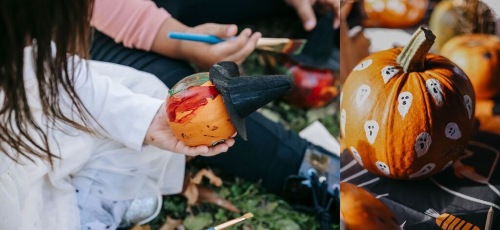 Painting halloween pumpkins with small ghosts on them