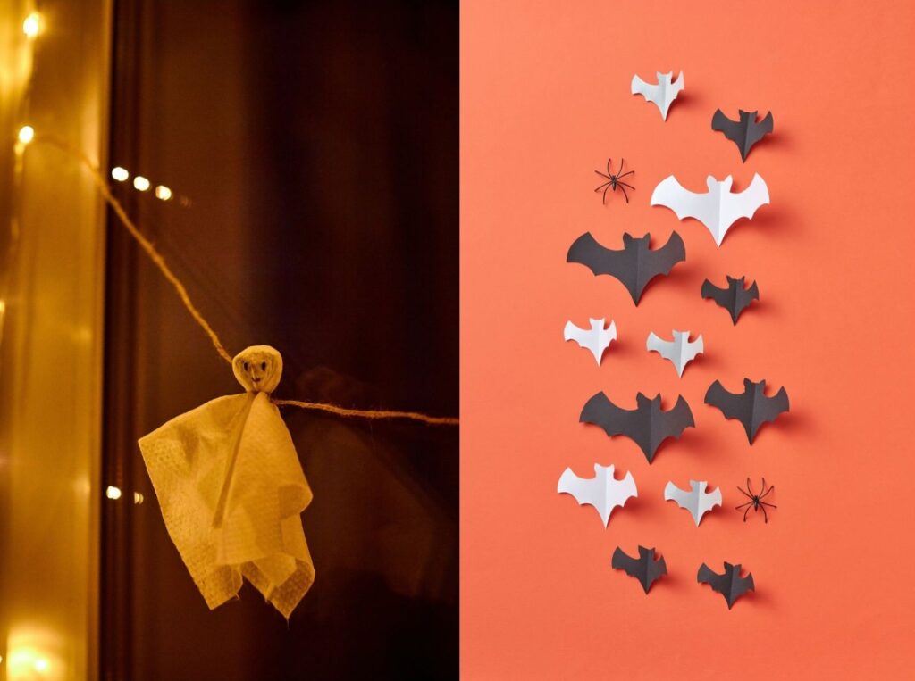 Two pictures showing halloween crafts. a paperghost and paper bats on wall